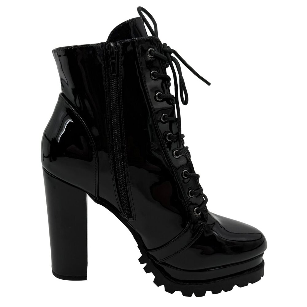Black Faux Patent Leather Lug Sole Platform Heel Boots 10 | Baddie Dark Romance - Picture 5 of 16